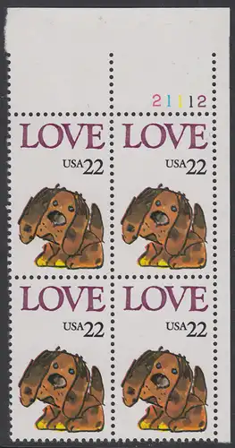 USA Michel 1787 / Scott 2202 postfrisch PLATEBLOCK ECKRAND oben rechts m/ Platten-# 21112 (b) - Grußmarke: Stoffhund