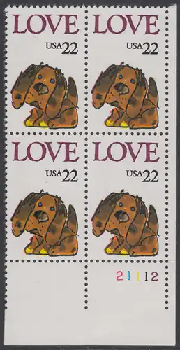USA Michel 1787 / Scott 2202 postfrisch PLATEBLOCK ECKRAND unten rechts m/ Platten-# 21112 (b) - Grußmarke: Stoffhund