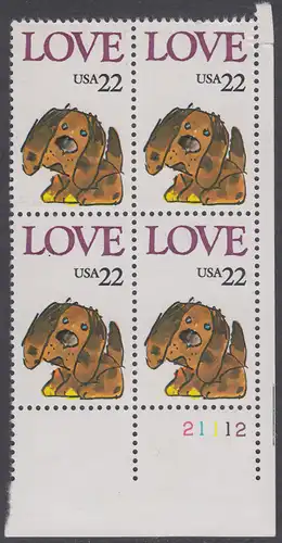 USA Michel 1787 / Scott 2202 postfrisch PLATEBLOCK ECKRAND unten rechts m/ Platten-# 21112 (a) - Grußmarke: Stoffhund