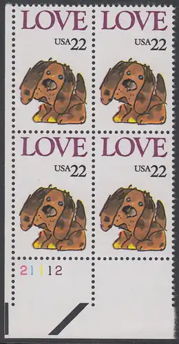 USA Michel 1787 / Scott 2202 postfrisch PLATEBLOCK ECKRAND unten links m/ Platten-# 21112 (d) - Grußmarke: Stoffhund