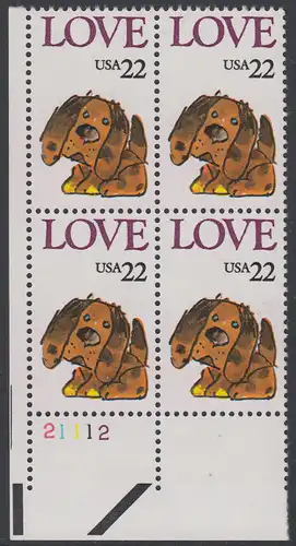 USA Michel 1787 / Scott 2202 postfrisch PLATEBLOCK ECKRAND unten links m/ Platten-# 21112 (e) - Grußmarke: Stoffhund
