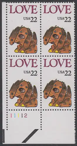 USA Michel 1787 / Scott 2202 postfrisch PLATEBLOCK ECKRAND unten links m/ Platten-# 21112 (a) - Grußmarke: Stoffhund