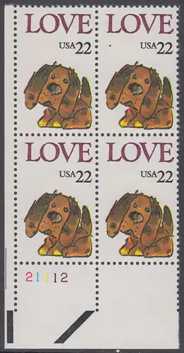 USA Michel 1787 / Scott 2202 postfrisch PLATEBLOCK ECKRAND unten links m/ Platten-# 21112 (b) - Grußmarke: Stoffhund