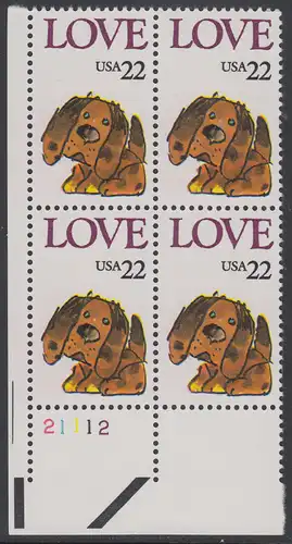 USA Michel 1787 / Scott 2202 postfrisch PLATEBLOCK ECKRAND unten links m/ Platten-# 21112 (c) - Grußmarke: Stoffhund