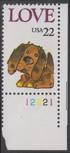 USA Michel 1787 / Scott 2202 postfrisch EINZELMARKE ECKRAND unten rechts m/ Platten-# 12221 - Grußmarke: Stoffhund