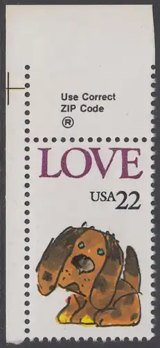 USA Michel 1787 / Scott 2202 postfrisch EINZELMARKE ECKRAND oben links m/ ZIP-Emblem - Grußmarke: Stoffhund