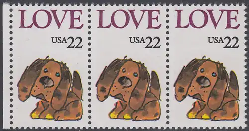 USA Michel 1787 / Scott 2202 postfrisch horiz.STRIP(3) RAND links - Grußmarke: Stoffhund