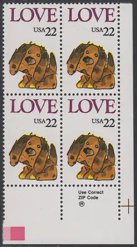 USA Michel 1787 / Scott 2202 postfrisch ZIP-BLOCK (lr/a2) - Grußmarke: Stoffhund
