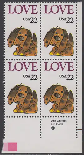 USA Michel 1787 / Scott 2202 postfrisch ZIP-BLOCK (lr/a1) - Grußmarke: Stoffhund