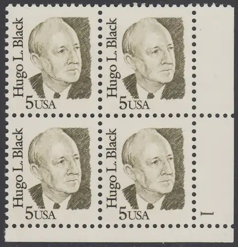USA Michel 1789 / Scott 2172 postfrisch PLATEBLOCK ECKRAND unten rechts m/ Platten-# 1 - Amerikanische Persönlichkeiten: Hugo L. Black (1886-1971), Richter