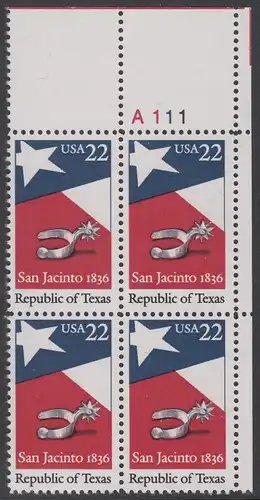 USA Michel 1790 / Scott 2204 postfrisch PLATEBLOCK ECKRAND oben rechts m/ Platten-# A111 - 150. Jahrestag der Gründung der Republik Texas: Flagge von Texas, Sporen