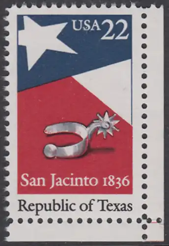 USA Michel 1790 / Scott 2204 postfrisch EINZELMARKE ECKRAND unten rechts - 150. Jahrestag der Gründung der Republik Texas: Flagge von Texas, Sporen