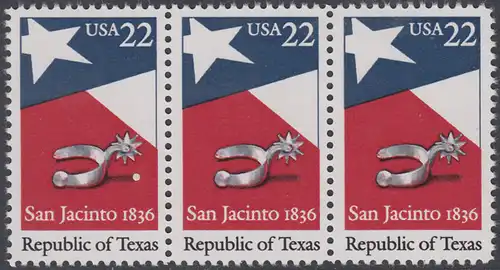 USA Michel 1790 / Scott 2204 postfrisch horiz.STRIP(3) - 150. Jahrestag der Gründung der Republik Texas: Flagge von Texas, Sporen