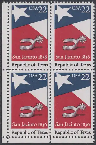 USA Michel 1790 / Scott 2204 postfrisch BLOCK ECKRAND unten links - 150. Jahrestag der Gründung der Republik Texas: Flagge von Texas, Sporen