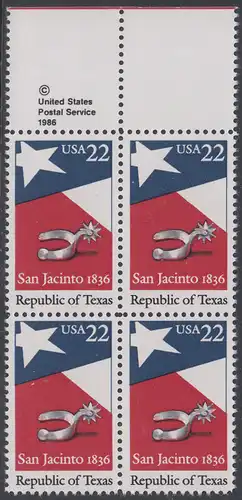USA Michel 1790 / Scott 2204 postfrisch BLOCK RÄNDER oben m/ copyright symbol - 150. Jahrestag der Gründung der Republik Texas: Flagge von Texas, Sporen