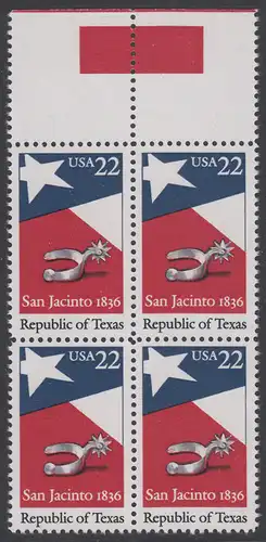 USA Michel 1790 / Scott 2204 postfrisch BLOCK RÄNDER oben (a2) - 150. Jahrestag der Gründung der Republik Texas: Flagge von Texas, Sporen