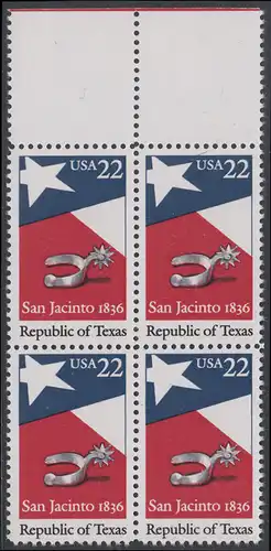 USA Michel 1790 / Scott 2204 postfrisch BLOCK RÄNDER oben (a1) - 150. Jahrestag der Gründung der Republik Texas: Flagge von Texas, Sporen