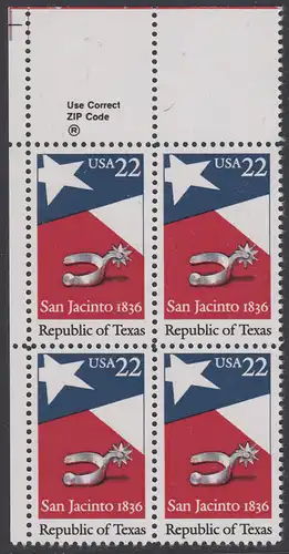 USA Michel 1790 / Scott 2204 postfrisch ZIP-BLOCK (ul) - 150. Jahrestag der Gründung der Republik Texas: Flagge von Texas, Sporen