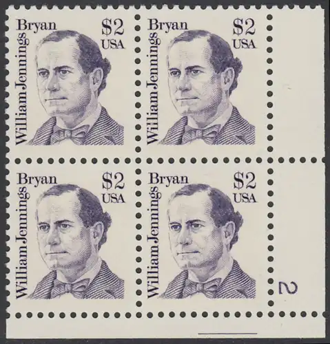 USA Michel 1791 / Scott 2195 postfrisch PLATEBLOCK ECKRAND unten rechts m/ Platten-# 2 - Amerikanische Persönlichkeiten: William Jennings Bryan (1860-1925), Politiker