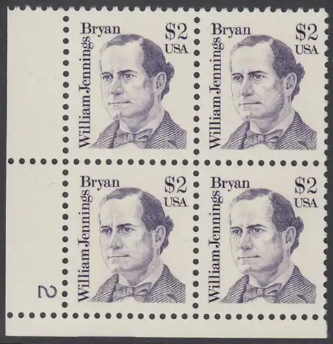 USA Michel 1791 / Scott 2195 postfrisch PLATEBLOCK ECKRAND unten links m/ Platten-# 2 - Amerikanische Persönlichkeiten: William Jennings Bryan (1860-1925), Politiker