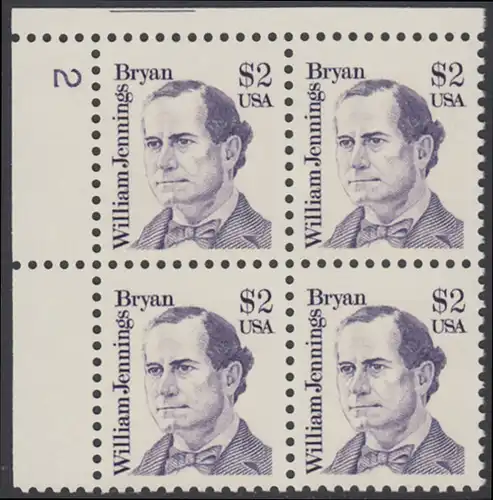 USA Michel 1791 / Scott 2195 postfrisch PLATEBLOCK ECKRAND oben links m/ Platten-# 2 - Amerikanische Persönlichkeiten: William Jennings Bryan (1860-1925), Politiker