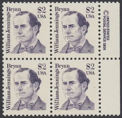 USA Michel 1791 / Scott 2195 postfrisch BLOCK RÄNDER rechts m/ copyright symbol - Amerikanische Persönlichkeiten: William Jennings Bryan (1860-1925), Politiker