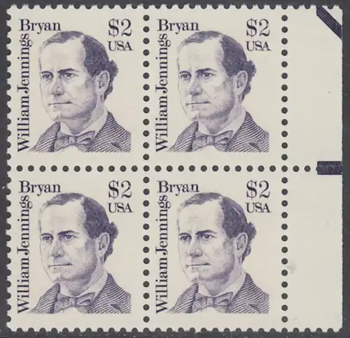 USA Michel 1791 / Scott 2195 postfrisch BLOCK RÄNDER rechts - Amerikanische Persönlichkeiten: William Jennings Bryan (1860-1925), Politiker