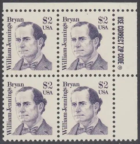 USA Michel 1791 / Scott 2195 postfrisch ZIP-BLOCK (ur) - Amerikanische Persönlichkeiten: William Jennings Bryan (1860-1925), Politiker