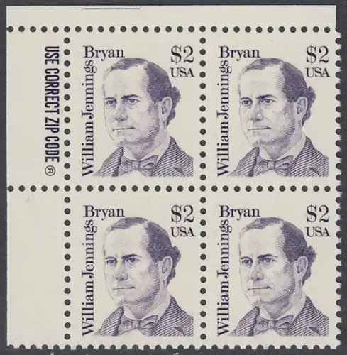 USA Michel 1791 / Scott 2195 postfrisch ZIP-BLOCK (ul) - Amerikanische Persönlichkeiten: William Jennings Bryan (1860-1925), Politiker