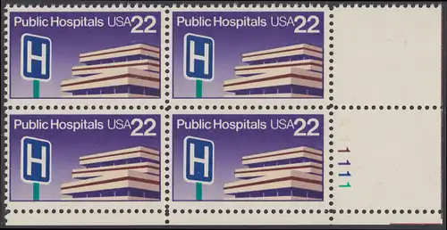 USA Michel 1797 / Scott 2210 postfrisch PLATEBLOCK ECKRAND unten rechts m/ Platten-# A11111 - Öffentliche Krankenhäuser: Krankenhausgebäude