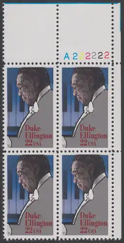 USA Michel 1798 / Scott 2211 postfrisch PLATEBLOCK ECKRAND oben rechts m/ Platten-# A222222 - Duke Ellington: Jazzpianist, -komponist und -kapellmeister