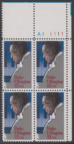 USA Michel 1798 / Scott 2211 postfrisch PLATEBLOCK ECKRAND oben rechts m/ Platten-# A111111 - Duke Ellington: Jazzpianist, -komponist und -kapellmeister