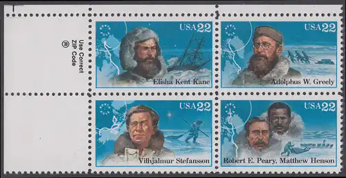 USA Michel 1835-1838 / Scott 2220-2223 postfrisch ZIP-BLOCK (ul) - Nordpolarforscher