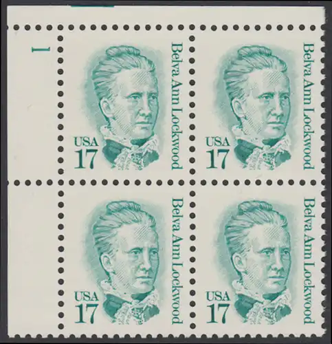 USA Michel 1839 / Scott 2178 postfrisch PLATEBLOCK ECKRAND oben links m/ Platten-# 1 (b) - Amerikanische Persönlichkeiten: Belva Ann Lockwood (1830-1917), Frauenrechtlerin
