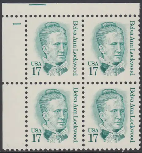 USA Michel 1839 / Scott 2178 postfrisch PLATEBLOCK ECKRAND oben links m/ Platten-# 1 (a) - Amerikanische Persönlichkeiten: Belva Ann Lockwood (1830-1917), Frauenrechtlerin