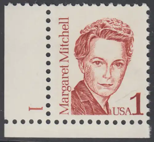 USA Michel 1840 / Scott 2168 postfrisch EINZELMARKE ECKRAND unten links m/ Platten-# 1 - Amerikanische Persönlichkeiten: Margaret Mitchell (1900-1949), Schriftstellerin