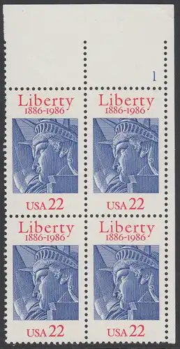 USA Michel 1841 / Scott 2224 postfrisch PLATEBLOCK ECKRAND oben rechts m/ Platten-# 1 - 100 Jahre Freiheitsstatue, New York
