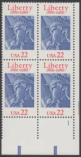 USA Michel 1841 / Scott 2224 postfrisch PLATEBLOCK ECKRAND unten rechts m/ Platten-# 1 - 100 Jahre Freiheitsstatue, New York