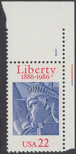 USA Michel 1841 / Scott 2224 postfrisch EINZELMARKE ECKRAND oben rechts m/ Platten-# 1 - 100 Jahre Freiheitsstatue, New York