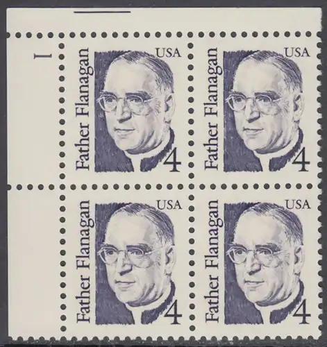 USA Michel 1842 / Scott 2171 postfrisch PLATEBLOCK ECKRAND oben links m/ Platten-# 1 (b) - Amerikanische Persönlichkeiten: Edward Joseph Flanagan (1886-1948), Geistlicher und Sozialpädagoge