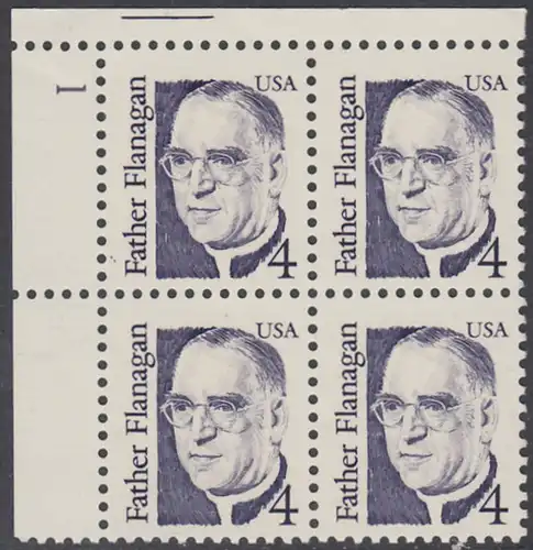 USA Michel 1842 / Scott 2171 postfrisch PLATEBLOCK ECKRAND unten rechts m/ Platten-# 1 (a) - Amerikanische Persönlichkeiten: Edward Joseph Flanagan (1886-1948), Geistlicher und Sozialpädagoge