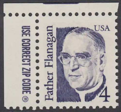 USA Michel 1842 / Scott 2171 postfrisch EINZELMARKE ECKRAND oben links m/ ZIP-Emblem - Amerikanische Persönlichkeiten: Edward Joseph Flanagan (1886-1948), Geistlicher und Sozialpädagoge