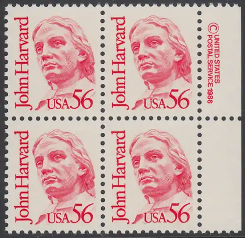 USA Michel 1844 / Scott 2190 postfrisch BLOCK RÄNDER rechts m/ copyright symbol - Amerikanische Persönlichkeiten: John Harvard (1607-1638), Theologe