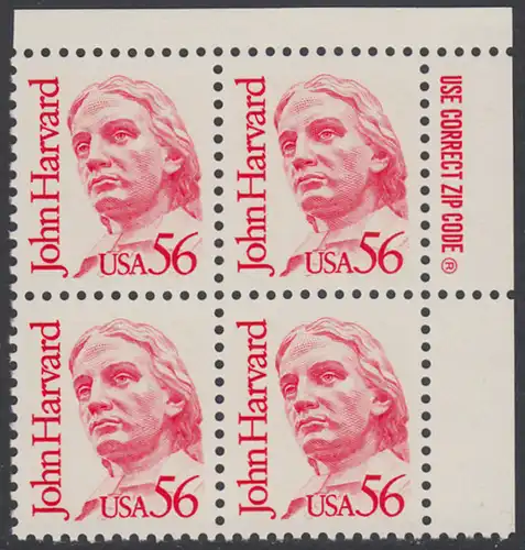 USA Michel 1844 / Scott 2190 postfrisch ZIP-BLOCK (ur) - Amerikanische Persönlichkeiten: John Harvard (1607-1638), Theologe