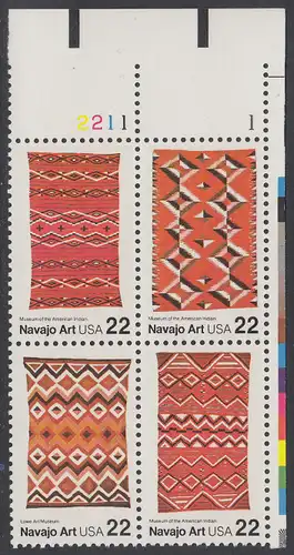 USA Michel 1845-1848 / Scott 2235-2238 postfrisch PLATEBLOCK ECKRAND oben rechts m/ Platten-# 1 - Kunst der Navajo-Indianer: Handgewebte Teppiche