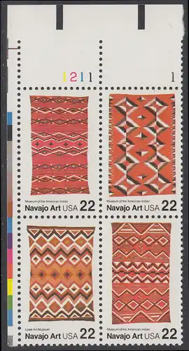 USA Michel 1845-1848 / Scott 2235-2238 postfrisch PLATEBLOCK ECKRAND oben links m/ Platten-# 1211 - Kunst der Navajo-Indianer: Handgewebte Teppiche