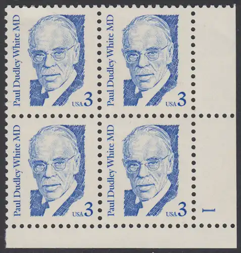 USA Michel 1849 / Scott 2170 postfrisch PLATEBLOCK ECKRAND unten rechts m/ Platten-# 1 - Amerikanische Persönlichkeiten: Paul Dudley White (1886-1973), Kardiologe