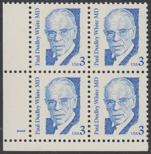 USA Michel 1849 / Scott 2170 postfrisch PLATEBLOCK ECKRAND unten links m/ Platten-# 1 - Amerikanische Persönlichkeiten: Paul Dudley White (1886-1973), Kardiologe