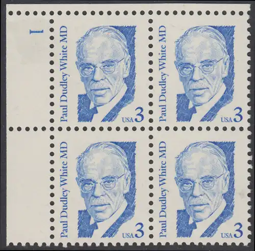 USA Michel 1849 / Scott 2170 postfrisch PLATEBLOCK ECKRAND oben links m/ Platten-# 1 - Amerikanische Persönlichkeiten: Paul Dudley White (1886-1973), Kardiologe