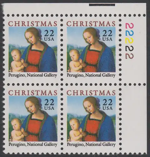 USA Michel 1856 / Scott 2244 postfrisch PLATEBLOCK ECKRAND oben rechts m/ Platten-# 22222 (b) - Weihnachten: Maria mit dem Kind; Gemälde von Pietro Perugino
